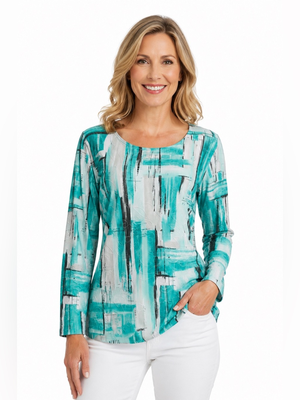 JM Collection Teal and White Top Size 1X